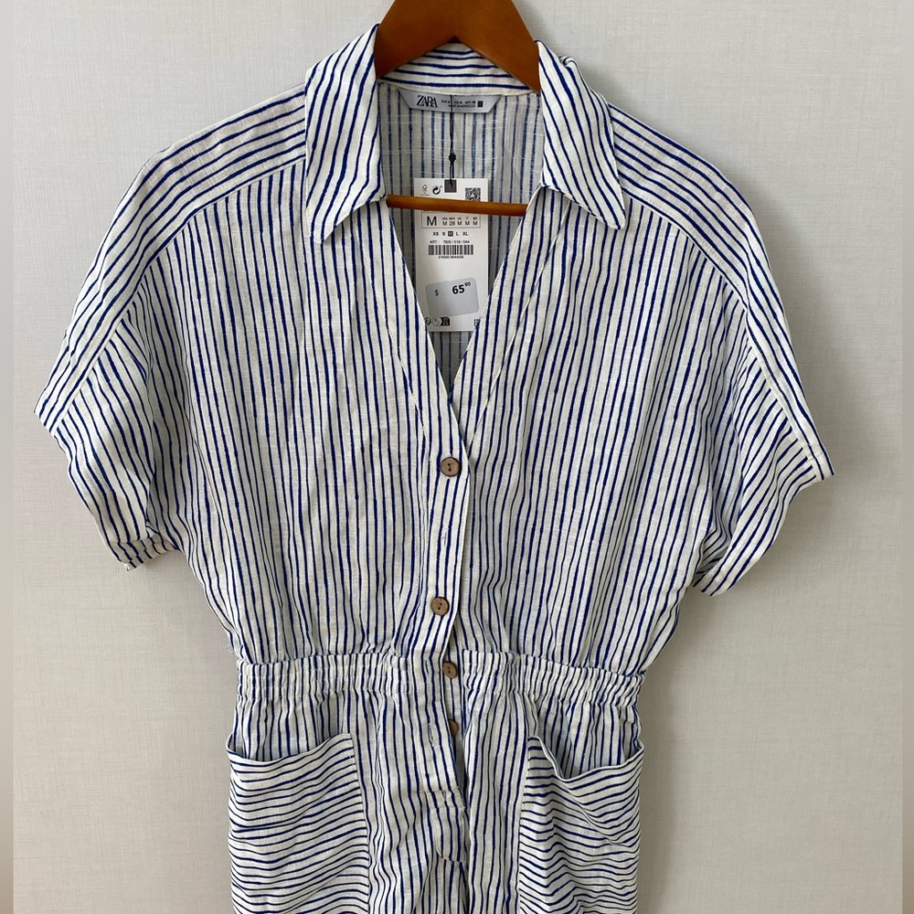 NWT ZARA linen striped romper size M